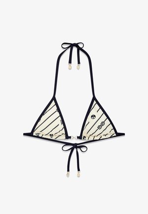 Triangel bikini top met zwarte bies, nautische touw- en kompaspatronen op witte stof, vastgebonden met zwarte koordjes bij nek en rug.