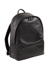 Zaino in ecopelle nera con forma arrotondata, chiusura con doppia zip superiore, tasca frontale con zip, spallacci imbottiti e un piccolo dettaglio con logo.