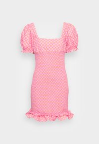 Vestido rosa com mangas bufantes, decote quadrado, bainha com babados e um padrão floral por todo o lado. Feito de um tecido elástico com um design ajustado.