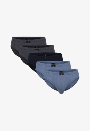 Fünf Paare Herrenunterhosen in dunkelgrau, marineblau und hellblau. Weiches Baumwollmaterial mit klassischem Schnitt und elastischem Bund.