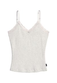 Camiseta gris de canalé con tirantes delgados ajustables y un borde de encaje alrededor del escote en V. Presenta una etiqueta en el lado inferior.