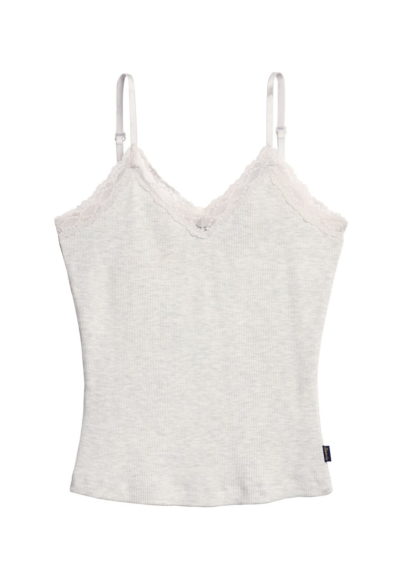 Camiseta gris de canalé con tirantes delgados ajustables y un borde de encaje alrededor del escote en V. Presenta una etiqueta en el lado inferior.