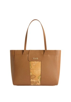 Borsa tote in pelle marrone con due manici e un pannello centrale con design verticale di una mappa vintage sotto il logo del marchio.