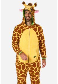Tutina a tema giraffa marrone e gialla con cappuccio, chiusura a zip sul davanti e tasche. Presenta orecchie di animale, motivi testurizzati e dettagli verdi.
