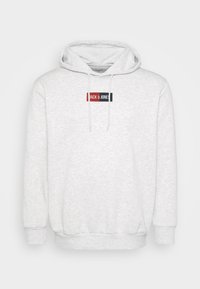 Lys grå hoodie i blødt stof med en kengurulomme, snøre i hætten og et logo-panel i sort, rød og marineblå på brystet.