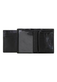 Schwarze Lederbörse mit strukturierter Oberfläche, ausgestattet mit mehreren Kartenfächern, einem transparenten Ausweisfach und einem seitlichen Fach für Bargeld.
