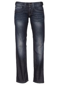 Mörkblå denimjeans med lätt blekning, rak ben-design, fem fickor och dragkedja. Har stickningsdetaljer.