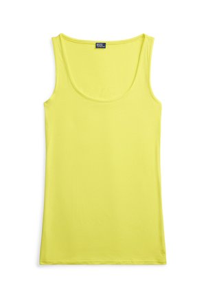 Débardeur jaune sans manches à encolure ronde avec un petit logo près de l'ourlet inférieur, présenté sur fond blanc.