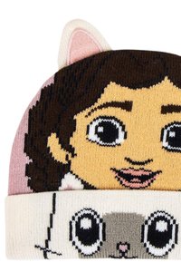 Cappello di maglia con il volto di un personaggio dei cartoni animati in tonalità di marrone e rosa, dotato di orecchie da gatto e un design di gattino grigio sul bordo.