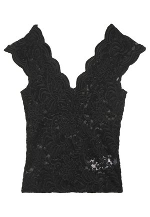 Czarny koronkowy top bez rękawów z karbowanym dekoltem w kształcie litery V i kwiatowym wzorem, półprzezroczysty materiał, dopasowany krój.