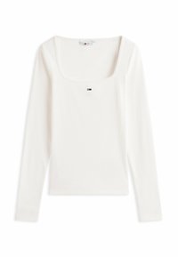 Top de manga larga blanco de canalé con escote cuadrado y pequeño logo de Tommy Hilfiger centrado debajo del escote.