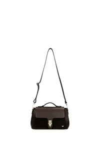 Borsa a tracolla in pelle marrone scuro con patta, chiusura metallica, tracolla regolabile e piccolo manico sulla parte superiore.