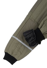 Olive green padded jacket sleeve with black ribbed cuff, featuring a shiny black accent and reflective silver striping. Textured quilted design.