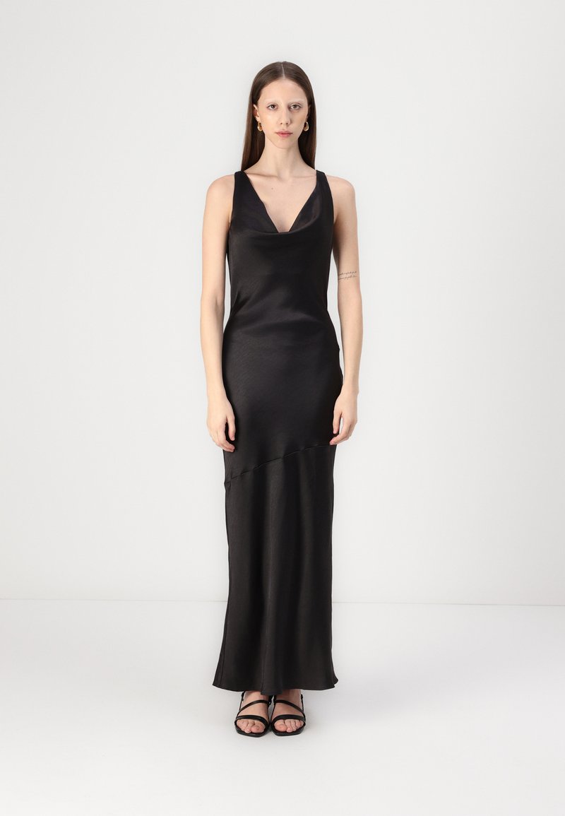 Black satin evening dress with a deep V-neck, sleeveless design, and a flowing silhouette. Features a subtle curved seam detail.