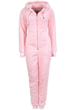 Pink fluffy onesie with a hood, full zipper, and front pockets. Cuffs and lining in a slightly lighter pink, textured fabric throughout.