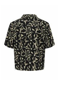 Chemise à manches courtes avec motif floral abstrait noir et beige, ourlet droit et col à revers, vue de dos.