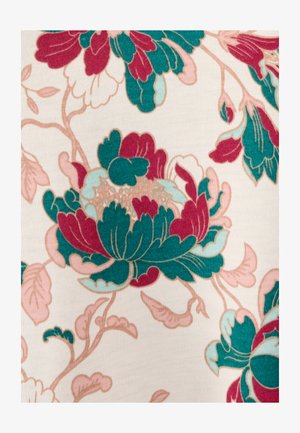Floral fabric with large teal and burgundy flowers, pink accents, and light cream background. Showcases intricate detailing and soft texture.