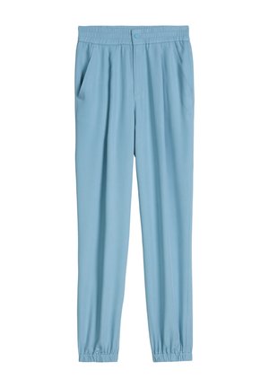 Lichtblauwe broek met elastische taille, zijzakken, vooraan een drukknoop en elastische manchetten, ontworpen voor casual gebruik.