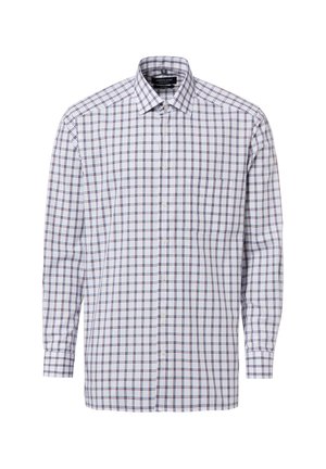 Weißes langärmeliges Hemd zum Knöpfen mit einem blau-rot karierten Muster, klassischem Kragen und einer Brusttasche vorne.