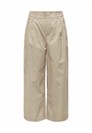 Pantalon large beige coupé court avec plis sur le devant, passants pour ceinture et taille haute de la marque ONLY.