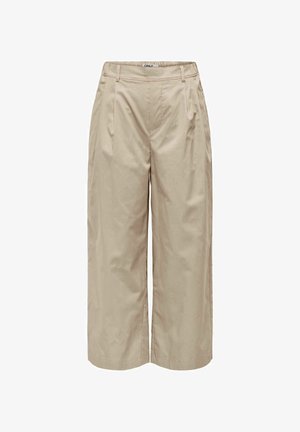 Pantaloni beige a gamba larga e taglio corto con pieghe frontali, passanti per cintura e vita alta del marchio ONLY.