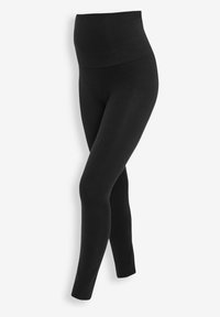 Leggings neri con una vita alta e larga. Tessuto morbido e elasticizzato. Lunghezza convida alla caviglia. Texture liscia, senza motivi o decorazioni.