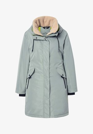 Light grey waterproof parka with a beige fleece-lined hood, front pockets, drawstring, and black accents. Features a zipper and snap closure.