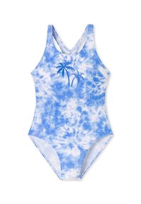 Costume da bagno tie-dye blu con grafica di palma, realizzato in tessuto elastico, con design a schiena scoperta e texture liscia.