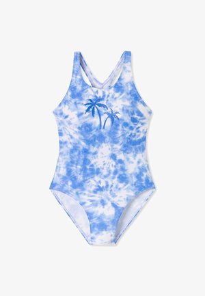 Costume da bagno tie-dye blu con grafica di palma, realizzato in tessuto elastico, con design a schiena scoperta e texture liscia.
