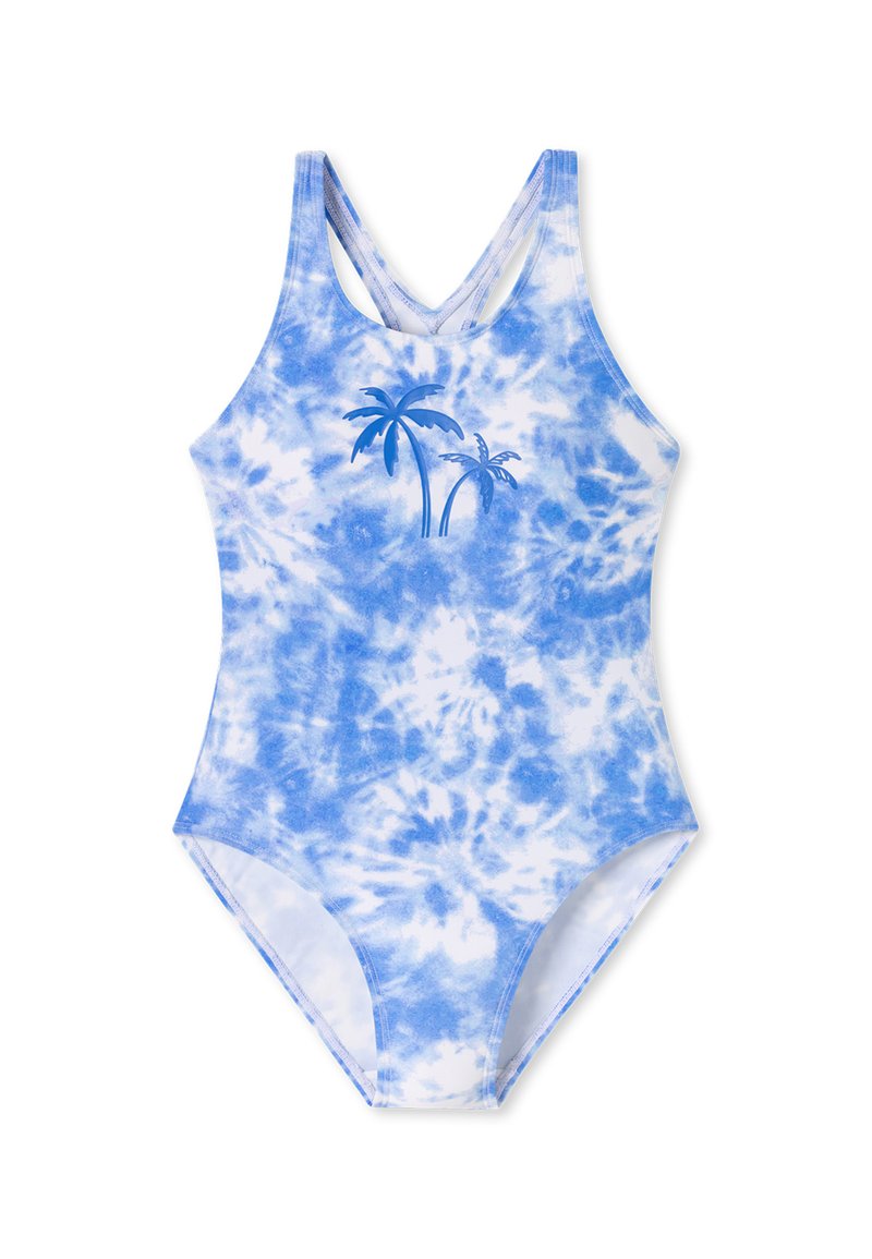 Costume da bagno tie-dye blu con grafica di palma, realizzato in tessuto elastico, con design a schiena scoperta e texture liscia.