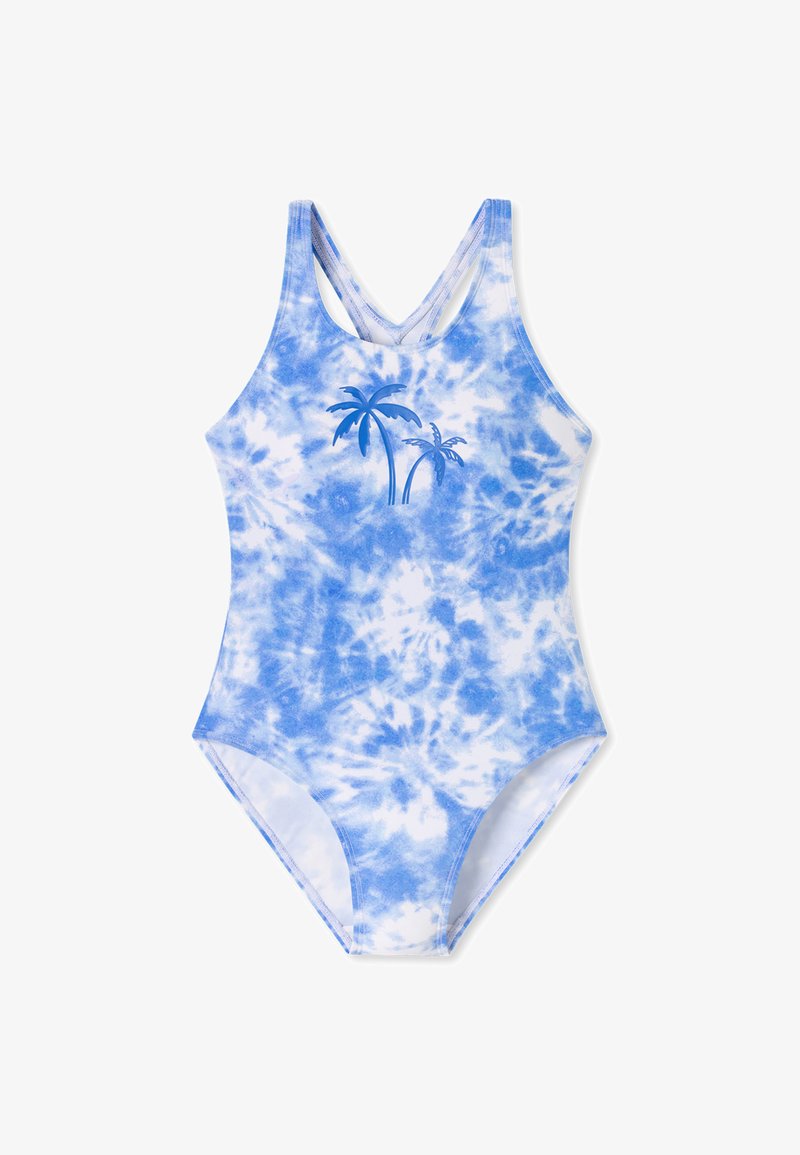 Blauer Batik-Badeanzug mit Palmenmotiv, aus dehnbarem Stoff, mit Racerback-Design und glatter Textur.