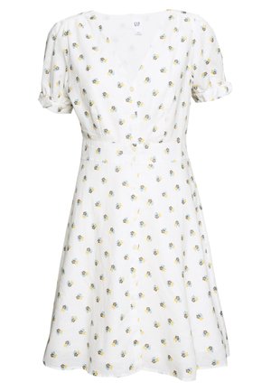 Witte jurk met korte mouwen met kleine gele en blauwe bloemenprint, V-hals, knoopsluiting aan de voorkant en taillezoom.