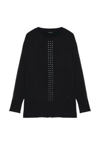 Maglione nero lavorato a maglia con dettagli in occhio di pernice metallici argentei lungo la parte anteriore e le maniche, con una vestibilità comoda e scollo rotondo.
