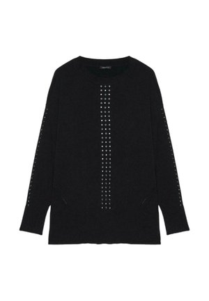 Maglione nero lavorato a maglia con dettagli in occhio di pernice metallici argentei lungo la parte anteriore e le maniche, con una vestibilità comoda e scollo rotondo.