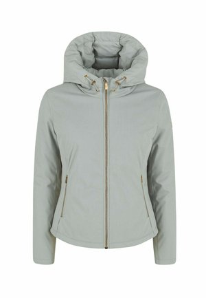 Giacca grigia chiara con un cappuccio alto e arricciato e accessori dorati, caratterizzata da una cerniera centrale e due tasche laterali. Tessuto morbido, design aderente.