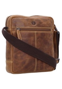 Brown leather crossbody bag with a textured finish, featuring a zippered front pocket and a dark fabric strap. Stitched accents add detail.