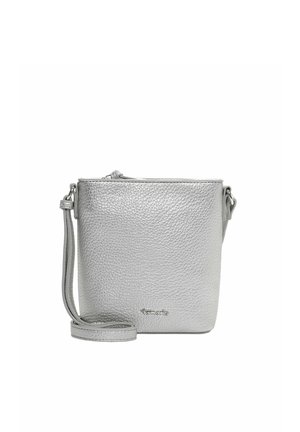 Silver textured leather crossbody bag with adjustable strap and zipper closure, compact square shape.