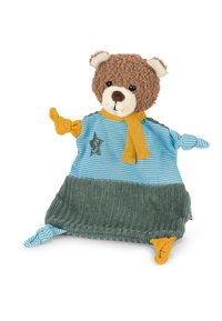 Brown bear character with fuzzy texture, wearing a blue and green striped outfit, featuring a yellow scarf and knotted fabric accents.