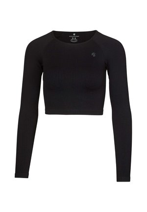 Schwarzes, langärmeliges, kurz geschnittenes Oberteil mit geripptem Muster und rundem Ausschnitt, mit kleinem Logo auf der Brust und Etikett im Kragen.