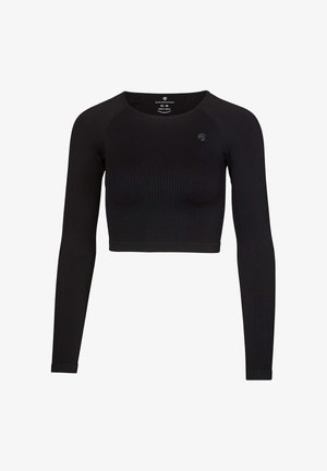 Schwarzes, langärmeliges, kurz geschnittenes Oberteil mit geripptem Muster und rundem Ausschnitt, mit kleinem Logo auf der Brust und Etikett im Kragen.