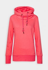 Felpa cappuccio rosa corallo con collo a scialle, coulisse e maniche lunghe. Tessuto morbido con polsini e orlo a costine, con discreto dettaglio del logo.