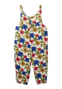Combinaison sans manches pour enfant avec un motif floral multicolore, fermeture à boutons sur le devant, et poignets élastiques sur fond blanc.