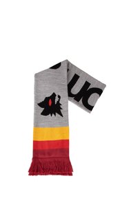 Grijze gebreide sjaal met een zwart wolf motief, gele en rode gestreepte uiteinden en franjes. Textuurstof met geprinte accenten.