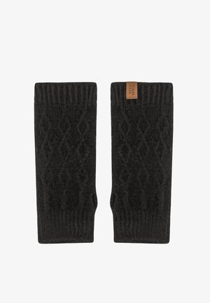 Set van zwarte, gebreide vingervrije handschoenen met diamantpatroon en een bruin leren label op de manchetten van de rechterhandschoen.