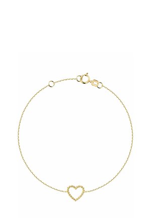 Delicate gold chain bracelet with small beaded heart centerpiece and spring ring clasp on white background.