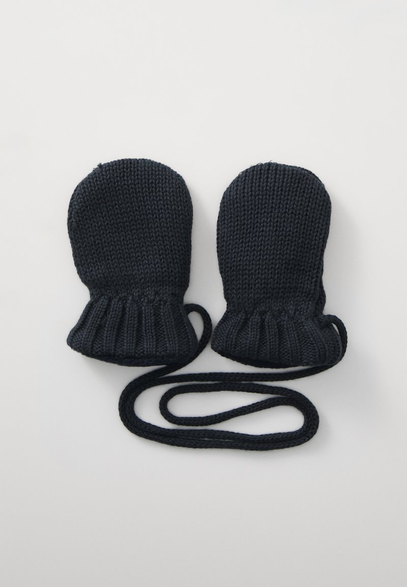 Πλεχτές σκούρες μπλε γάντια με ραμμένα μανίκια και προσαρτημένο σκοινί για ασφάλιση. Μαλακή υφή με στρογγυλό σχήμα και χωρίς ραφές σχεδίαση.