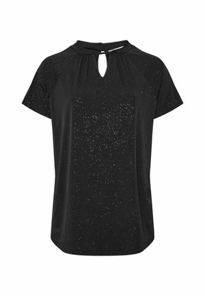 Musta lyhythihainen paita avainaukko-kaula-aukolla, jossa on hienovarainen kimalteleva pinta ja rento istuvuus. Sujuva kangas, jossa on hieman laskeutuvuutta.