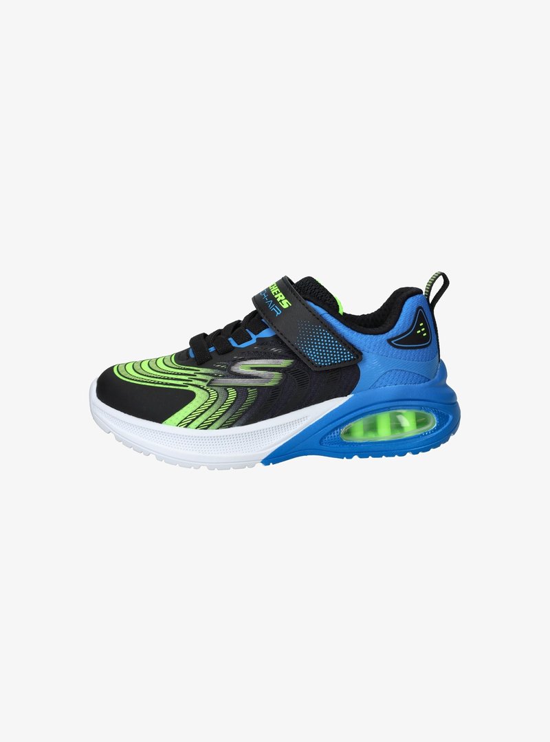 Black and blue athletic sneaker with green accents, mesh upper, striped pattern, adjustable strap, air-cushioned sole, and rubber outsole.