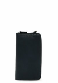 Black leather wallet with a textured surface, rectangular shape, zip closure at the top, and a small handle on one side.