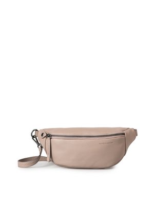 Marsupio in pelle di un beige chiaro con chiusura a zip e tracolla regolabile. Caratterizzato da una texture liscia e un design minimalista.